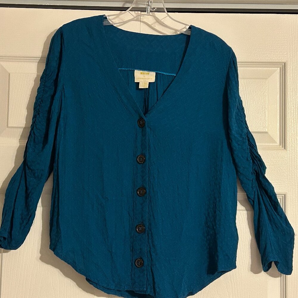 MAEVE By Anthropologie Sz 6 Teal Jourdain Knit Button Scrunch sleeve top/blouse